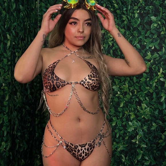 Leopard Print with Chains 2 Piece. Bikini with Chains. Rave Chains Look. - Picture 2 of 3
